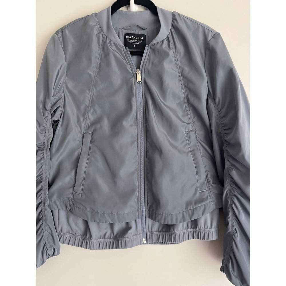 Athleta Women's Wayfarer Grey Ruched Sleeve Layered Full Zip Bomber Jacket Small - Picture 3 of 8